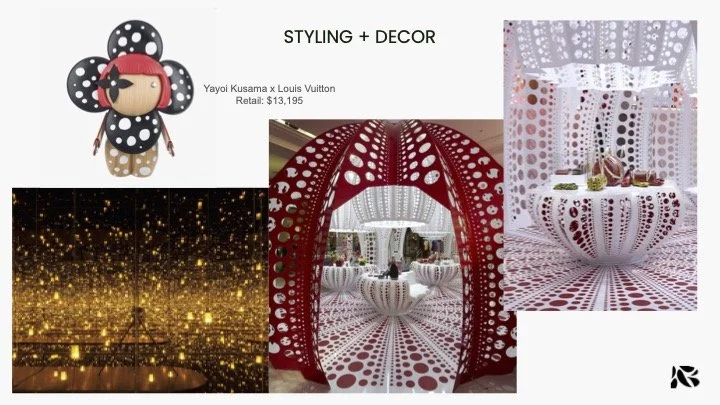 A collage of home decor and fashion items including a plush doll of a girl with a red bow and black polka-dotted hair, a red and white patterned architectural installation, a frosted glass display with pink accessories, and a cityscape at night with 