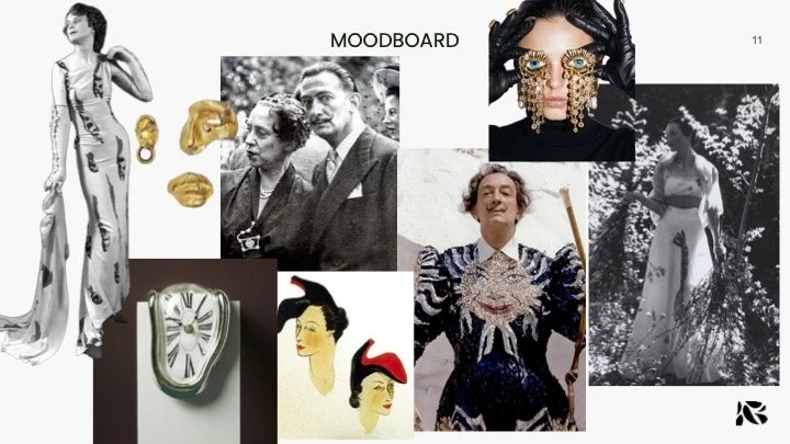 A collage of various images, including a black-and-white photo of two people, a woman in a long dress, a clock, head illustrations, a woman with jewelry and black gloves, and a black-and-white photograph of a woman in a dress with a parasol, with the