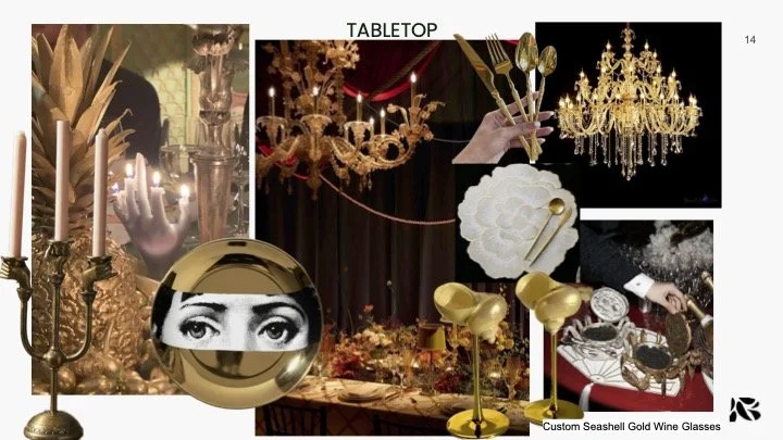 Collage of chandelier lighting, gold tableware, decorative candles, a person with a gold seashell-shaped glass, and a set of gold wine glasses on a table.