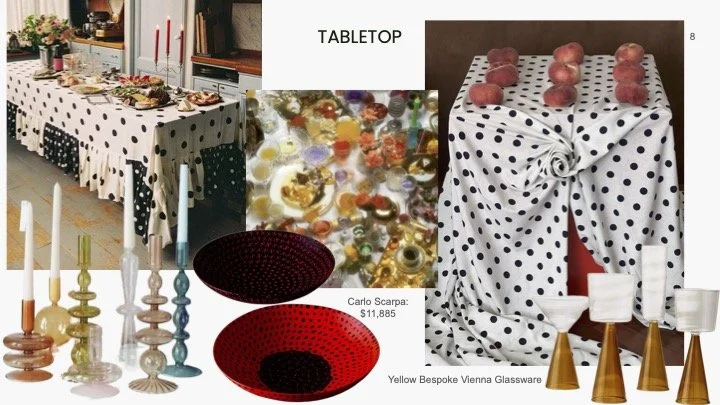 A dining table decorated with a black and white polka dot tablecloth, set with assorted food, surrounded by tall colorful candleholders. A close-up collage shows a collection of jewelry, a red and black glassware, and a table with white and gold tabl