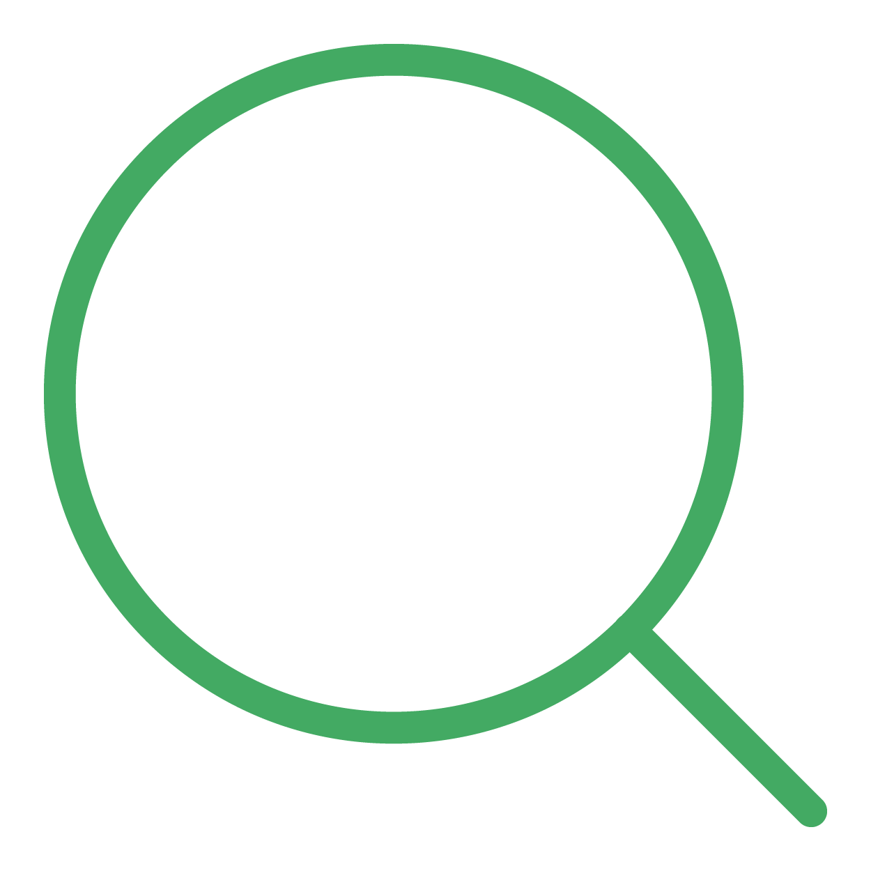 Magnifying glass icon, outlined in green, with a black background.