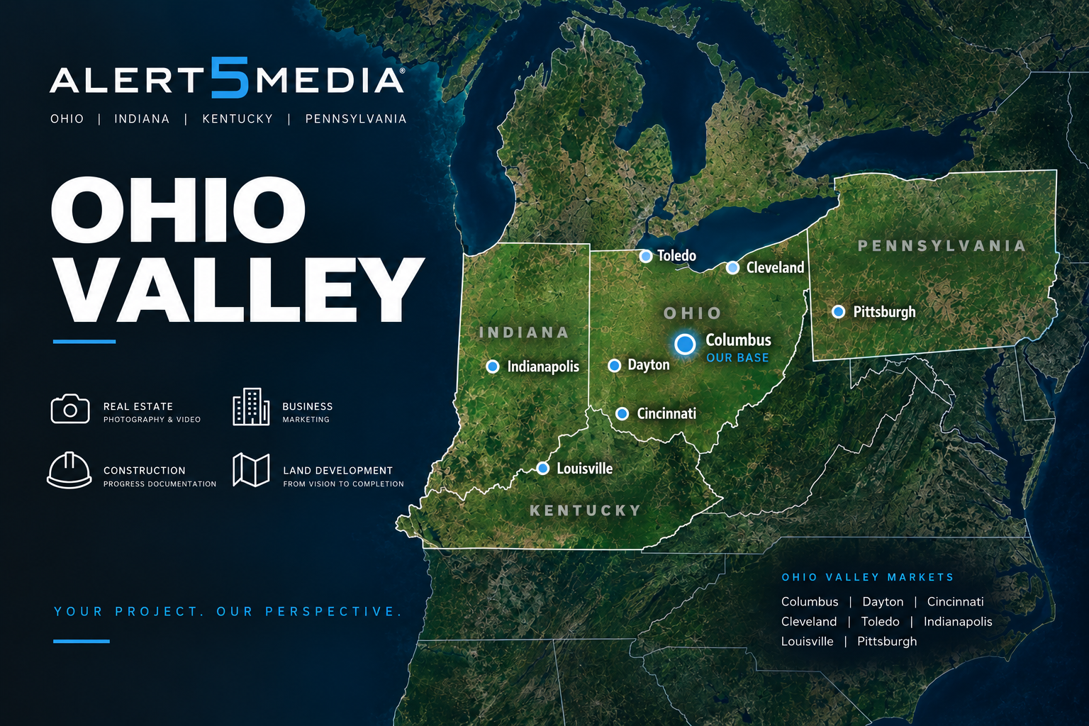 A map of Ohio Valley showing key cities such as Columbus, Dayton, Cincinnati, Cleveland, Toledo, Indiana, Louisville, and Pittsburgh. The map highlights the Ohio Valley markets and features icons representing real estate, business marketing, construction, and land development.