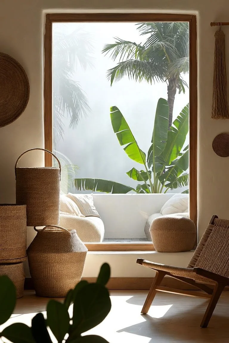 A cozy indoor space with a large window overlooking tropical plants, including palm trees and banana leaves, letting in natural light. Inside, there are woven baskets, a wicker ottoman, and a wooden chair, creating a warm, natural ambiance.