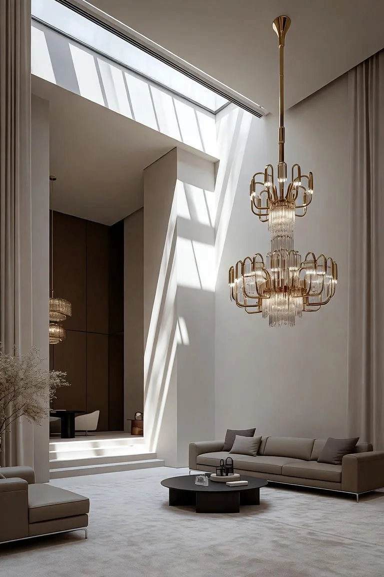 Modern living room with high ceilings, a large chandelier, and ample natural light from a skylight.