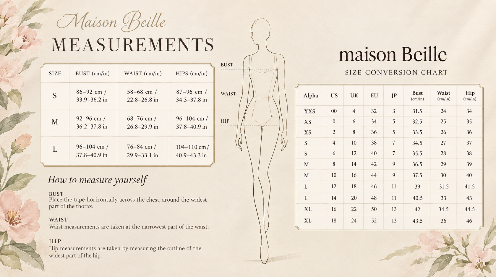 A size chart for Maison Beille with measurements for bust, waist, and hips in centimeters and inches, and a diagram illustrating where to measure each. The chart shows sizing conversions from Alpha to various countries' sizing standards. The background features a soft floral design with pink flowers and green leaves.