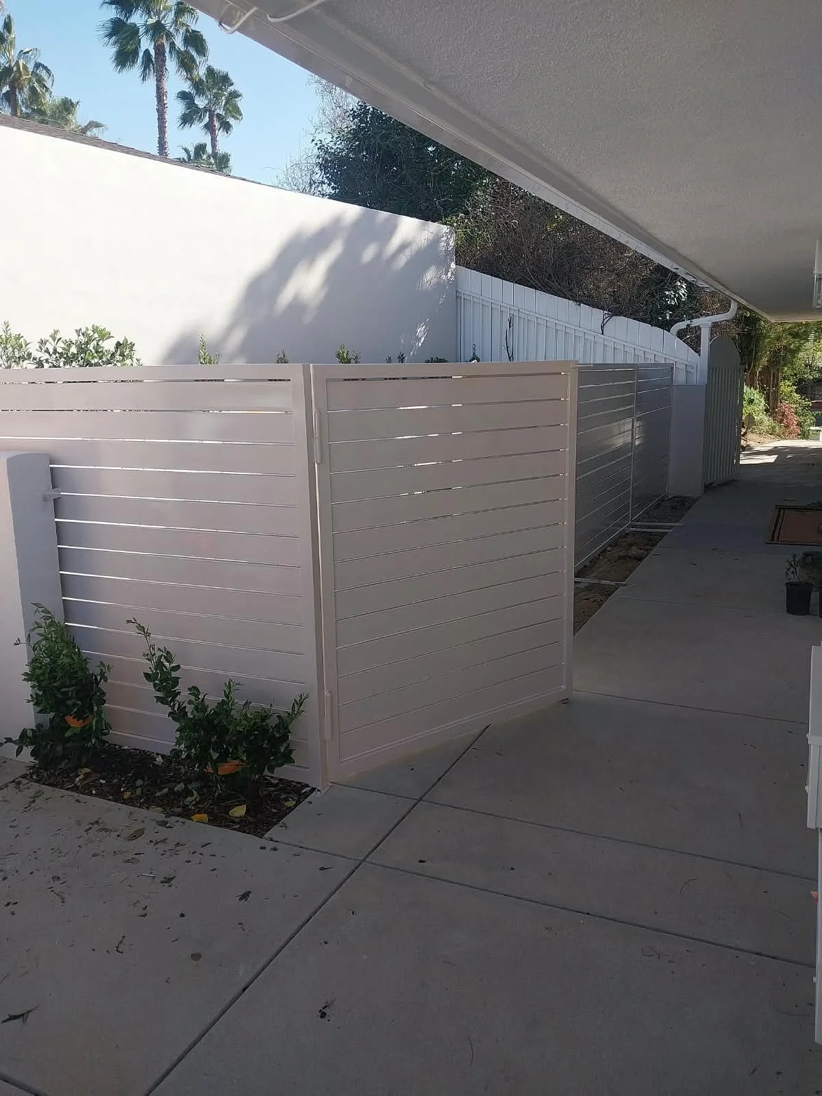 A white privacy fence surrounds a sidewalk area outside, with some small plants in front. Palm trees and blue sky are visible in the background.