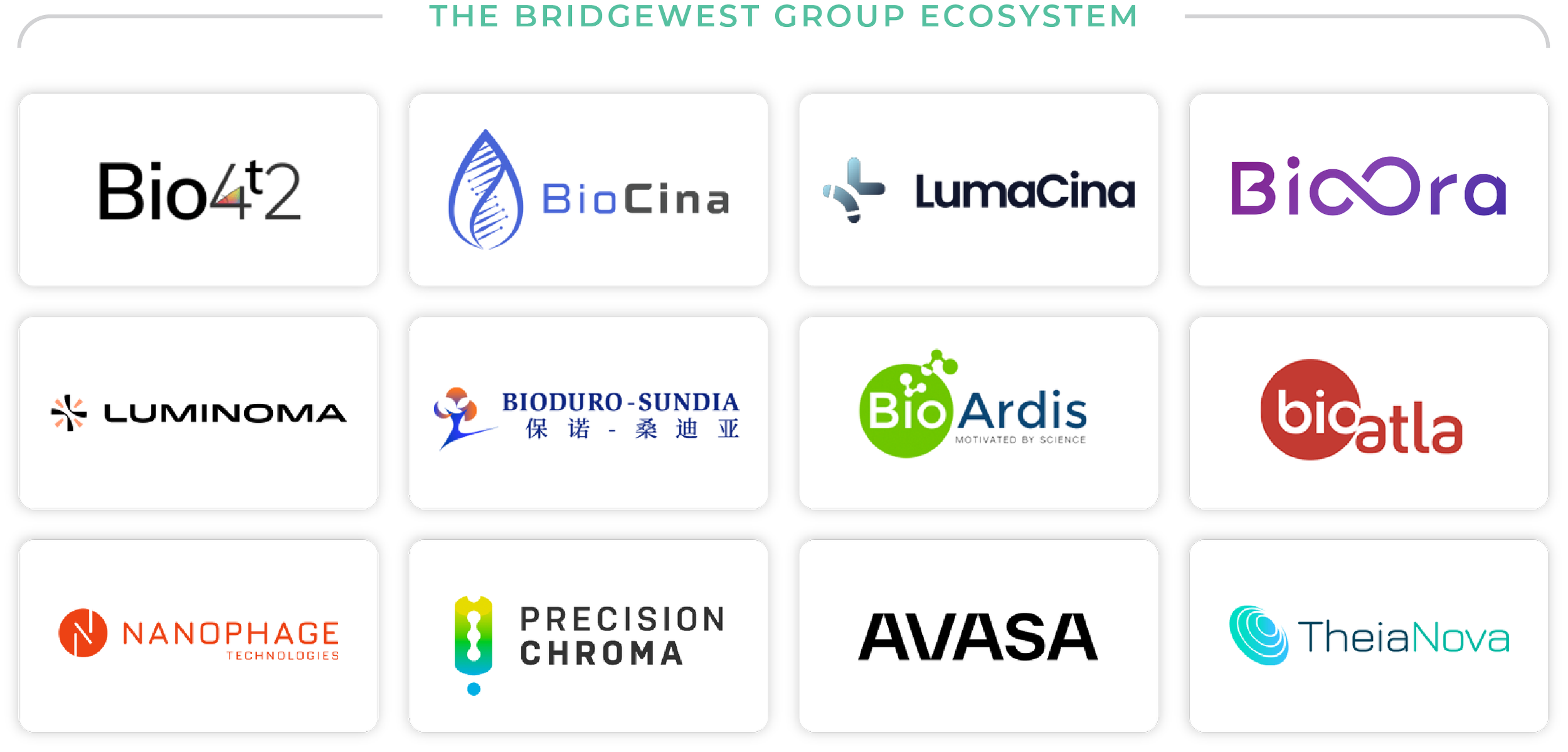 Logo grid of biotech companies and technologies, including Bio4T2, BioCina, LumiaCina, BioOra, Luminoma, Bioduro-Sundia, BioArdis, Bioatla, Nanophage Technologies, Precision Chroma, AVASA, TheiaNova, with the header 'The Bridgewest Group Ecosystem'.