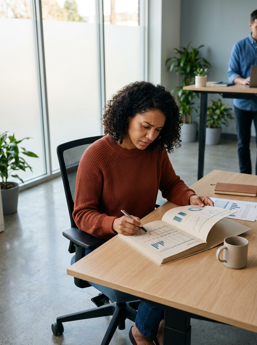Femme travaillant à un bureau, regard concentré sur un livre contenant des graphiques et des données, avec une tasse sur la table, dans un bureau lumineux avec des plantes.