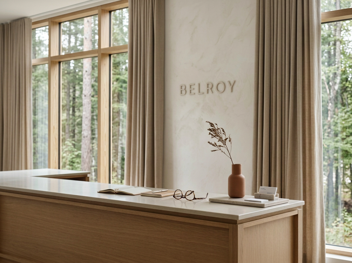 Comptoir en bois clair avec un livre ouvert, des lunettes, un vase avec des branches et un bloc-notes, dans une pièce lumineuse avec de grandes fenêtres et des rideaux beiges, avec le mot "BELROY" inscrit sur le mur.