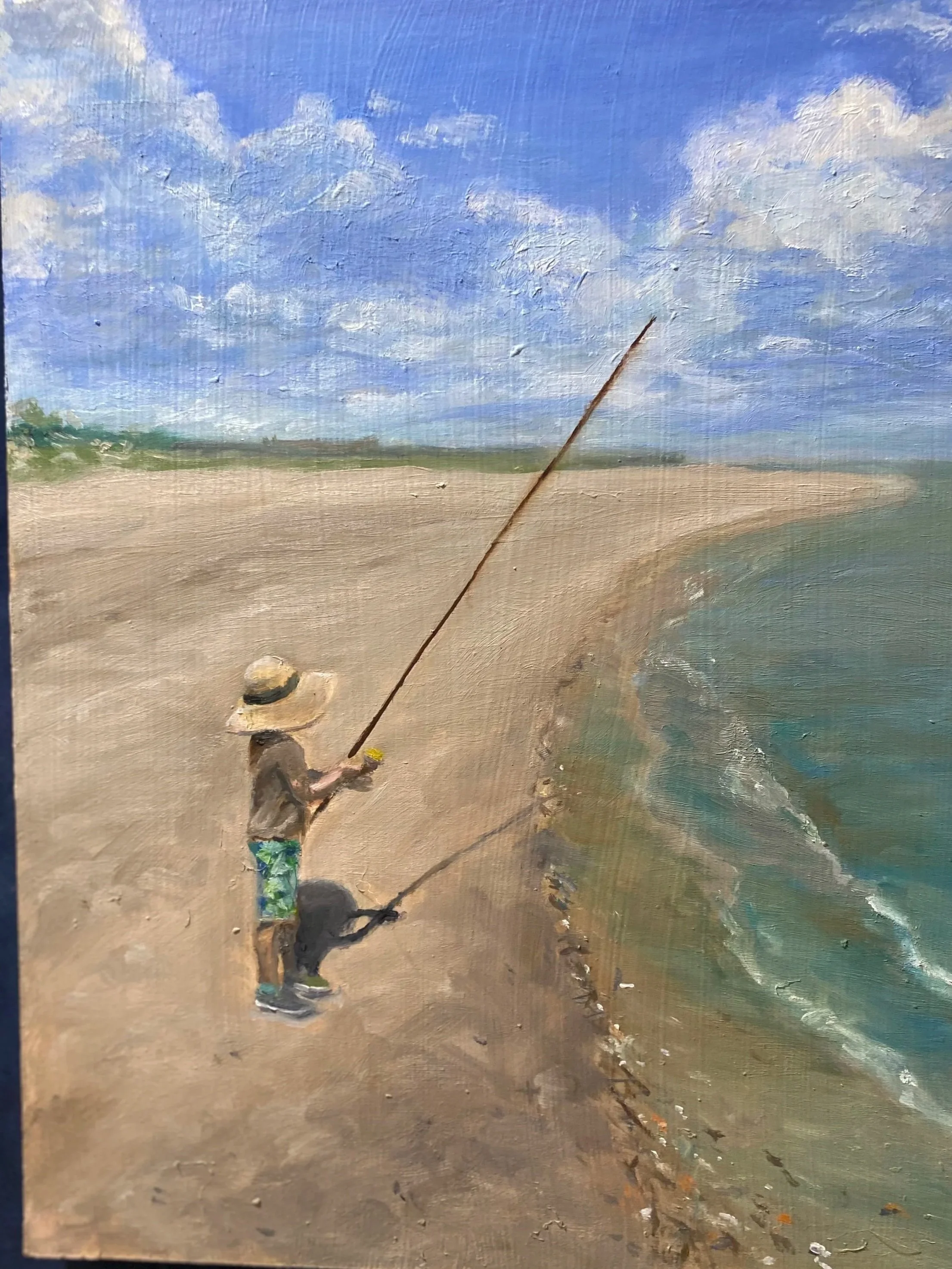Five years old, ten minutes in, ran inside and hollered "Epic failure, no fish!"  Just like Dad after five hours