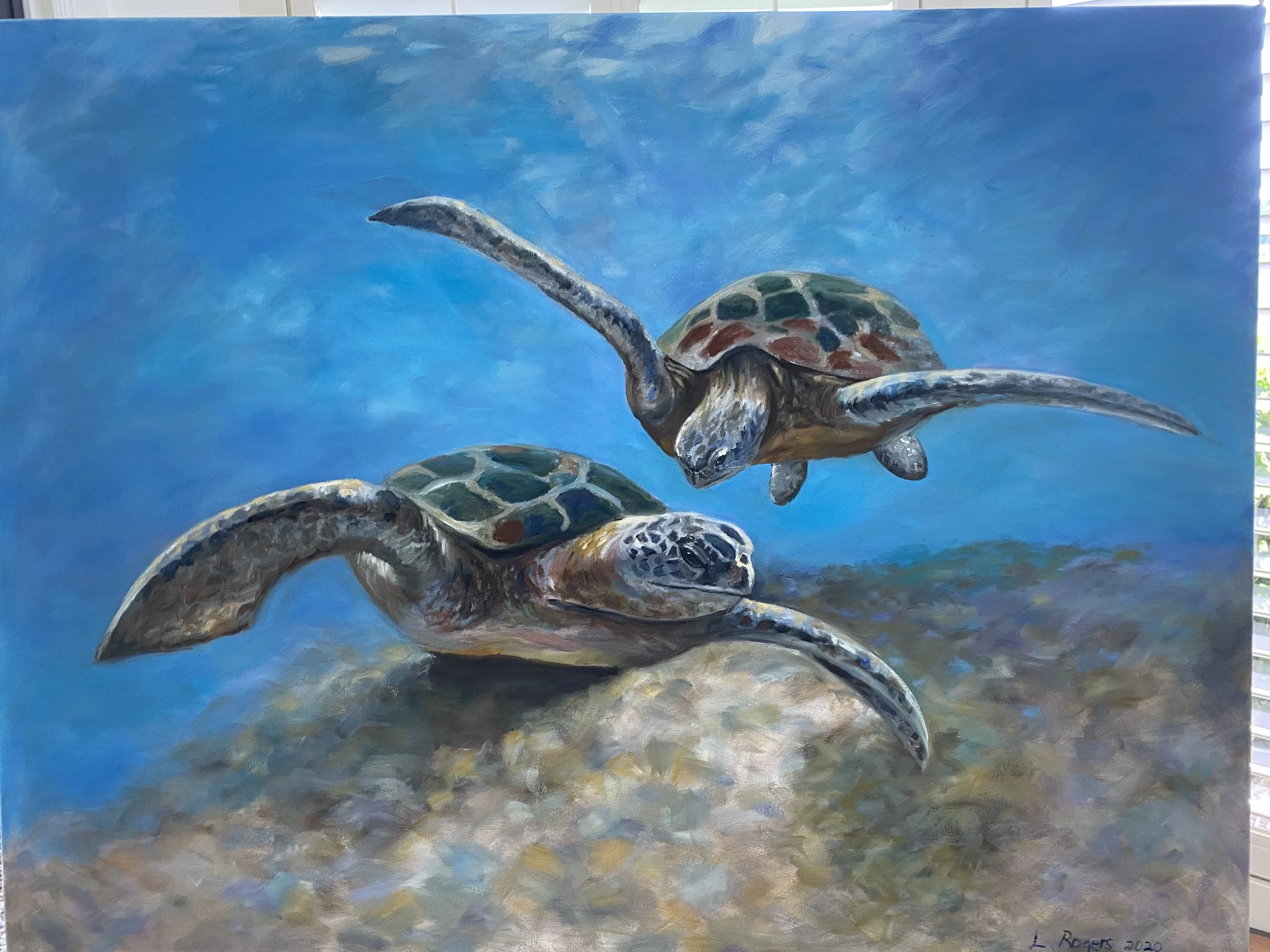 A painting of three sea turtles swimming underwater against a blue background, with a signature 'L. Rogers 2020' in the bottom right corner.