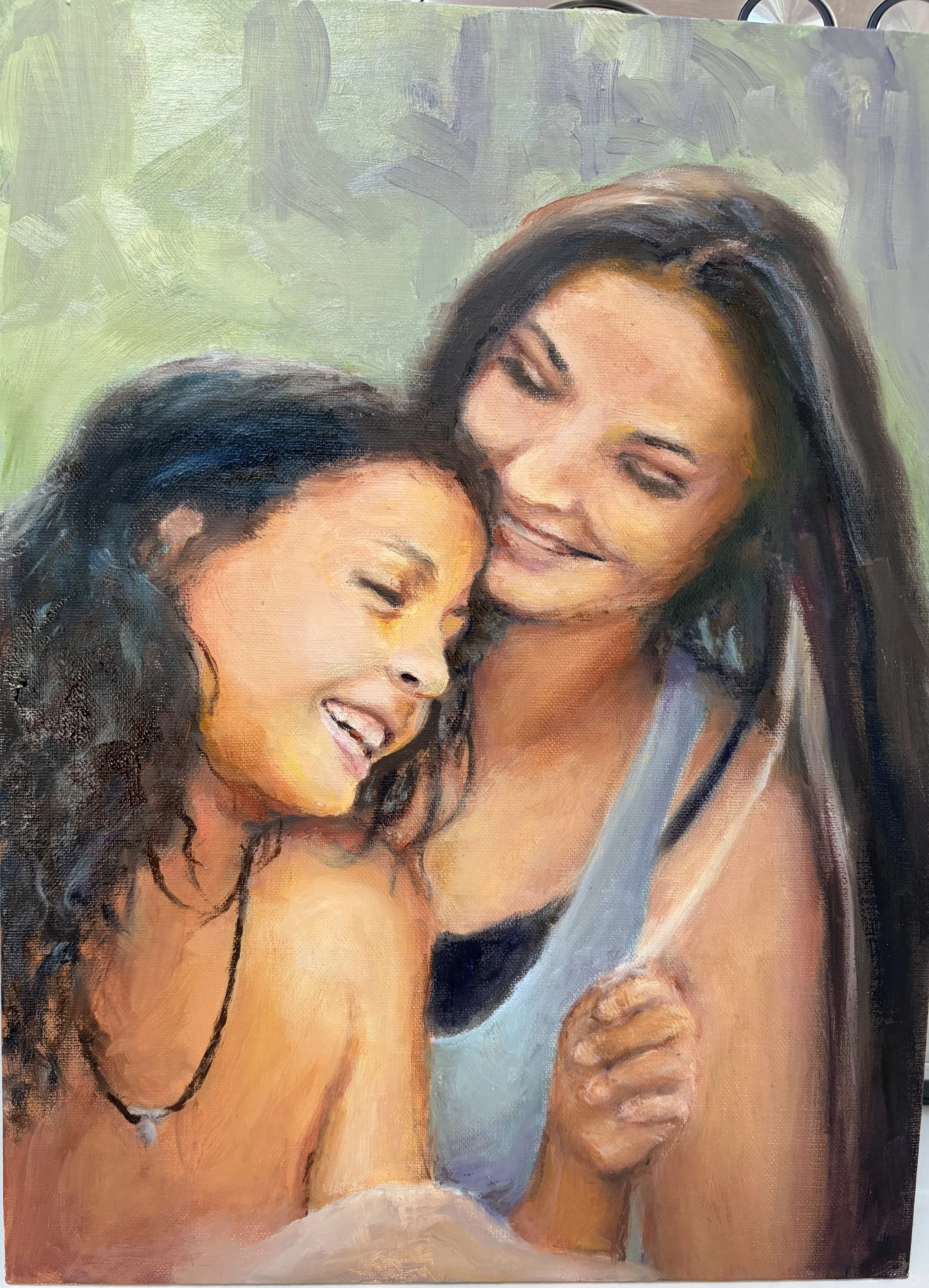 Mom and son giggle on quiet afternoon 