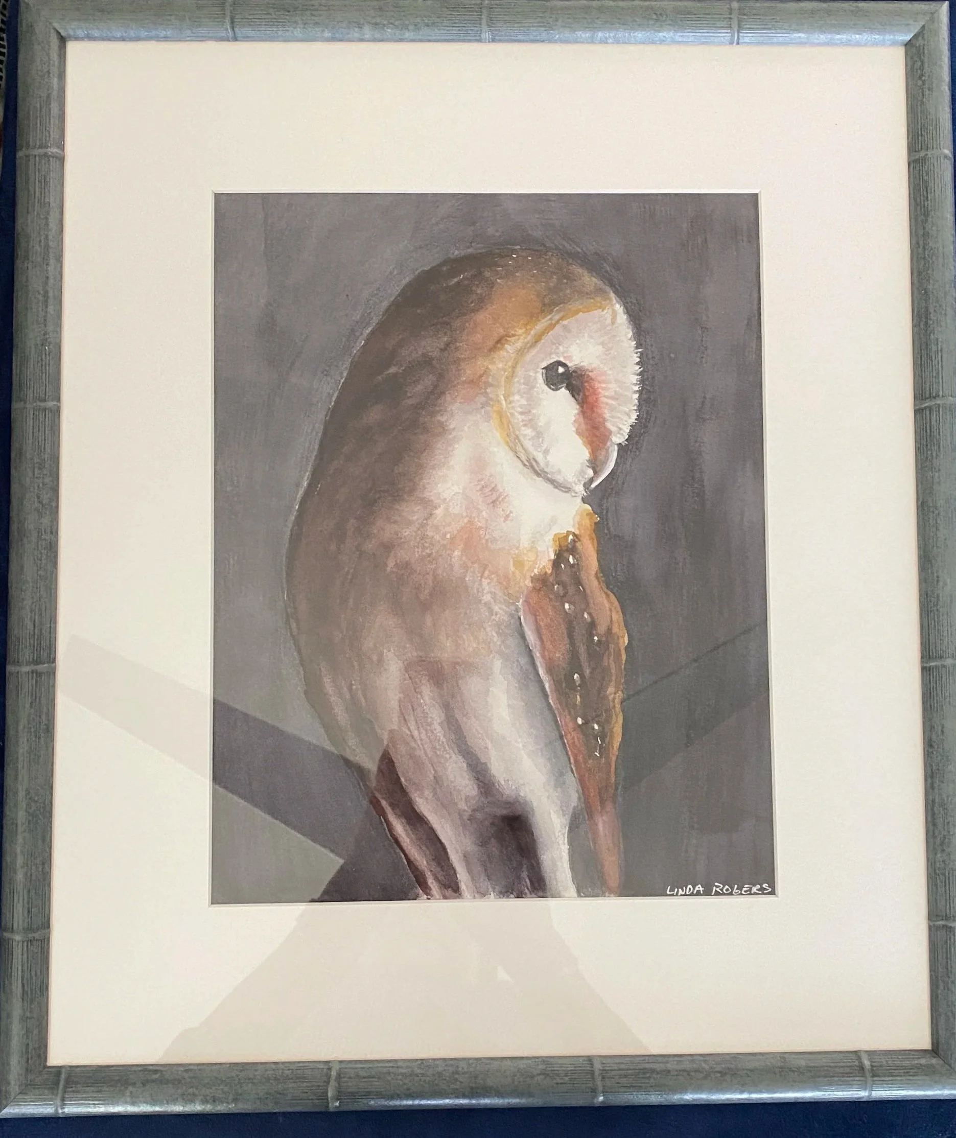 A framed watercolor painting of a bird with a curved beak, white face, brown and beige body, and dark eyes, signed by Linda Rogers in the bottom right corner.