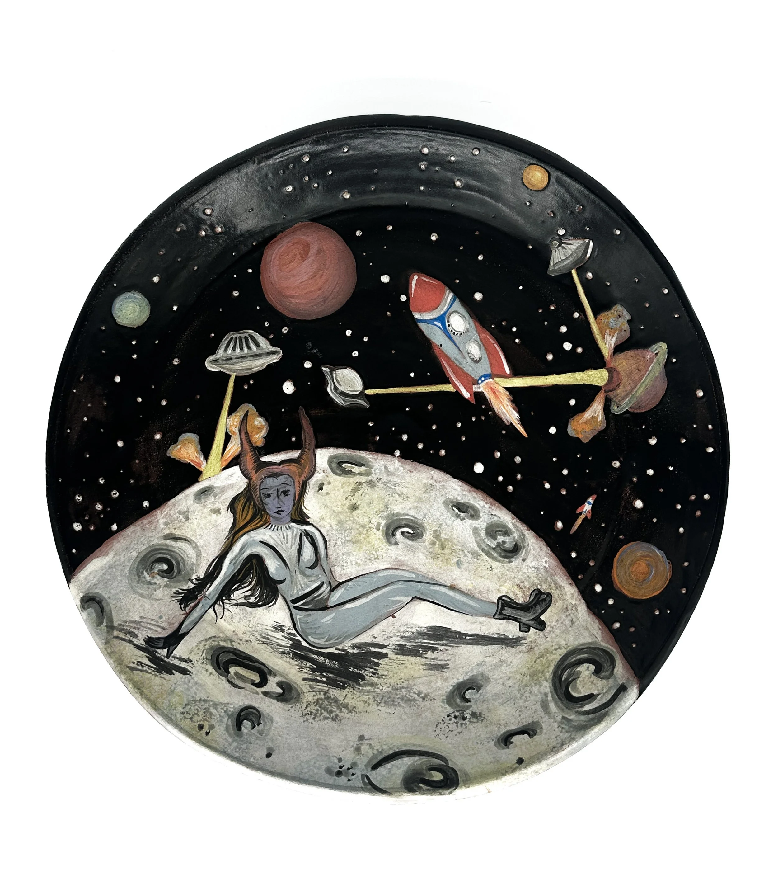 A painted depiction of space with planets, stars, moons, rockets, and a girl lying on a moon-like surface.