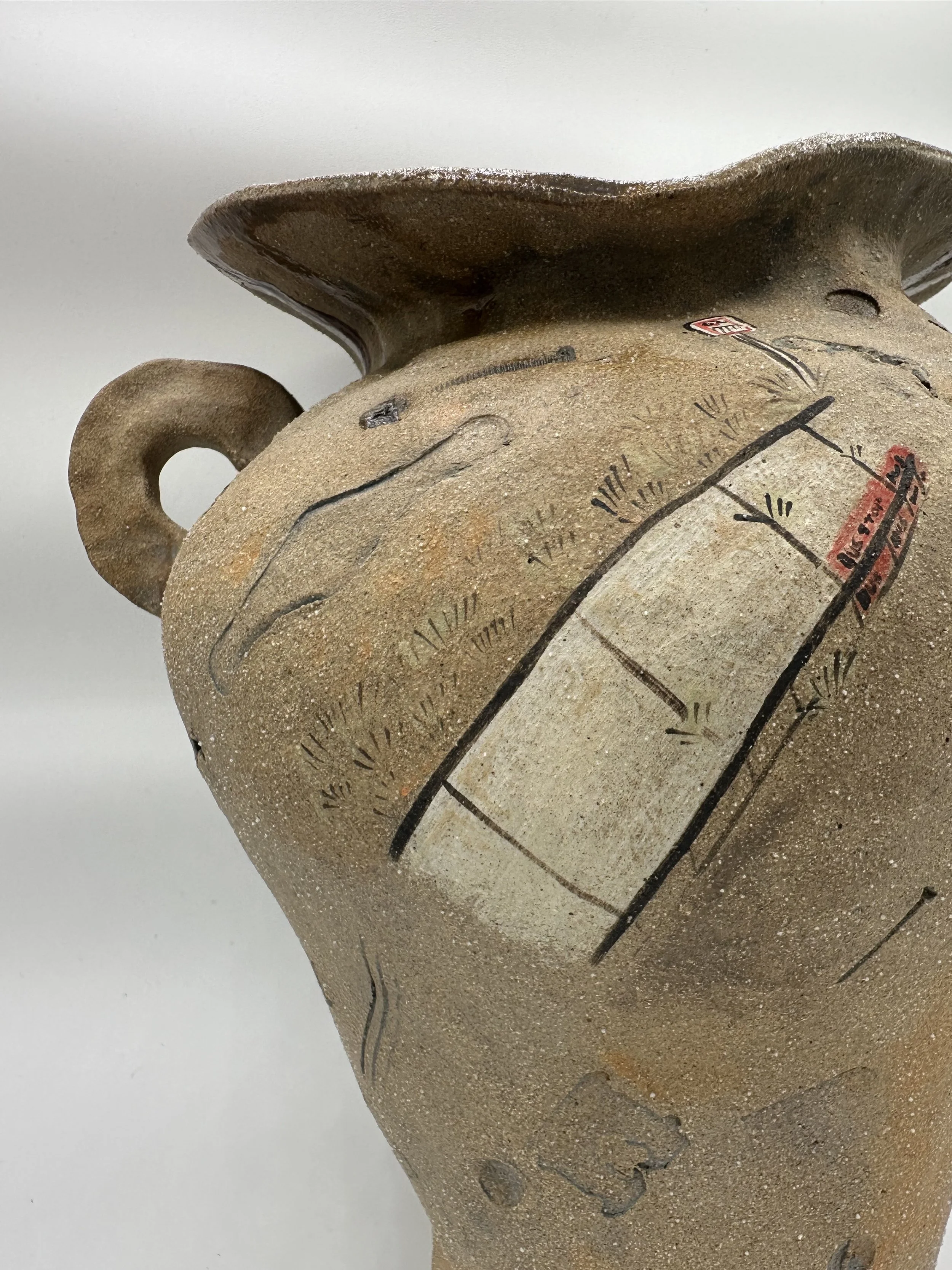 "Bus Stop," 2025, Stoneware, Glaze, Underglaze, Found objects, Copper Wash 