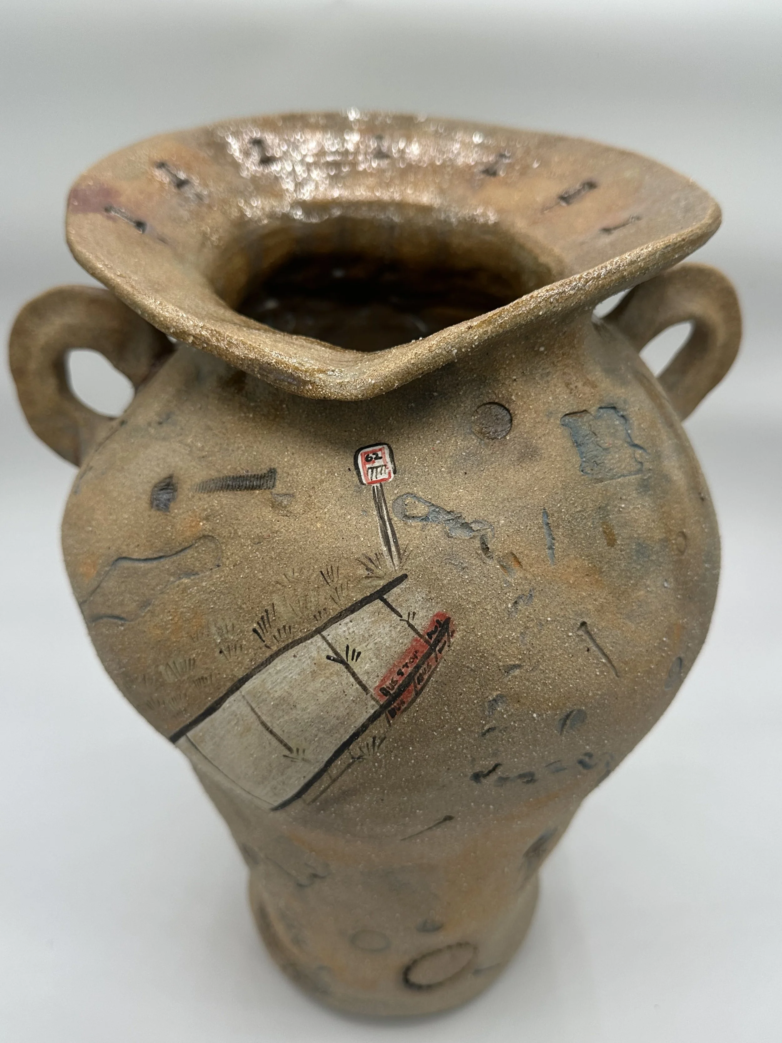"Bus Stop," 2025, Stoneware, Glaze, Underglaze, Found objects, Copper Wash 