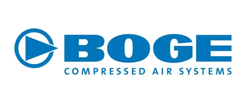 Logo of Boge, a company specializing in compressed air systems, featuring a blue circular icon with a triangle and the text 'BOGE' in bold blue letters, with 'Compressed Air Systems' underneath.