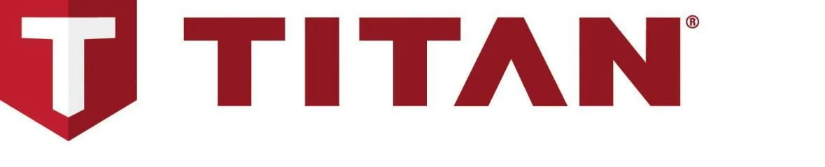 The logo of the brand 'TITAN' in bold red letters with an emblem resembling a shield containing a letter 'T' on the left.