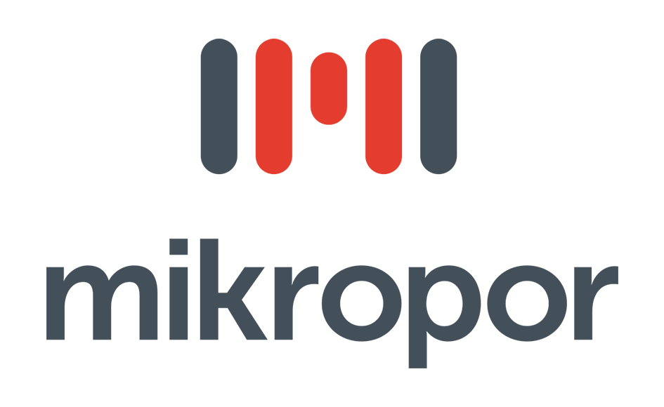 Logo of Mikrpor featuring a stylized black and red icon above the company name in dark gray text.