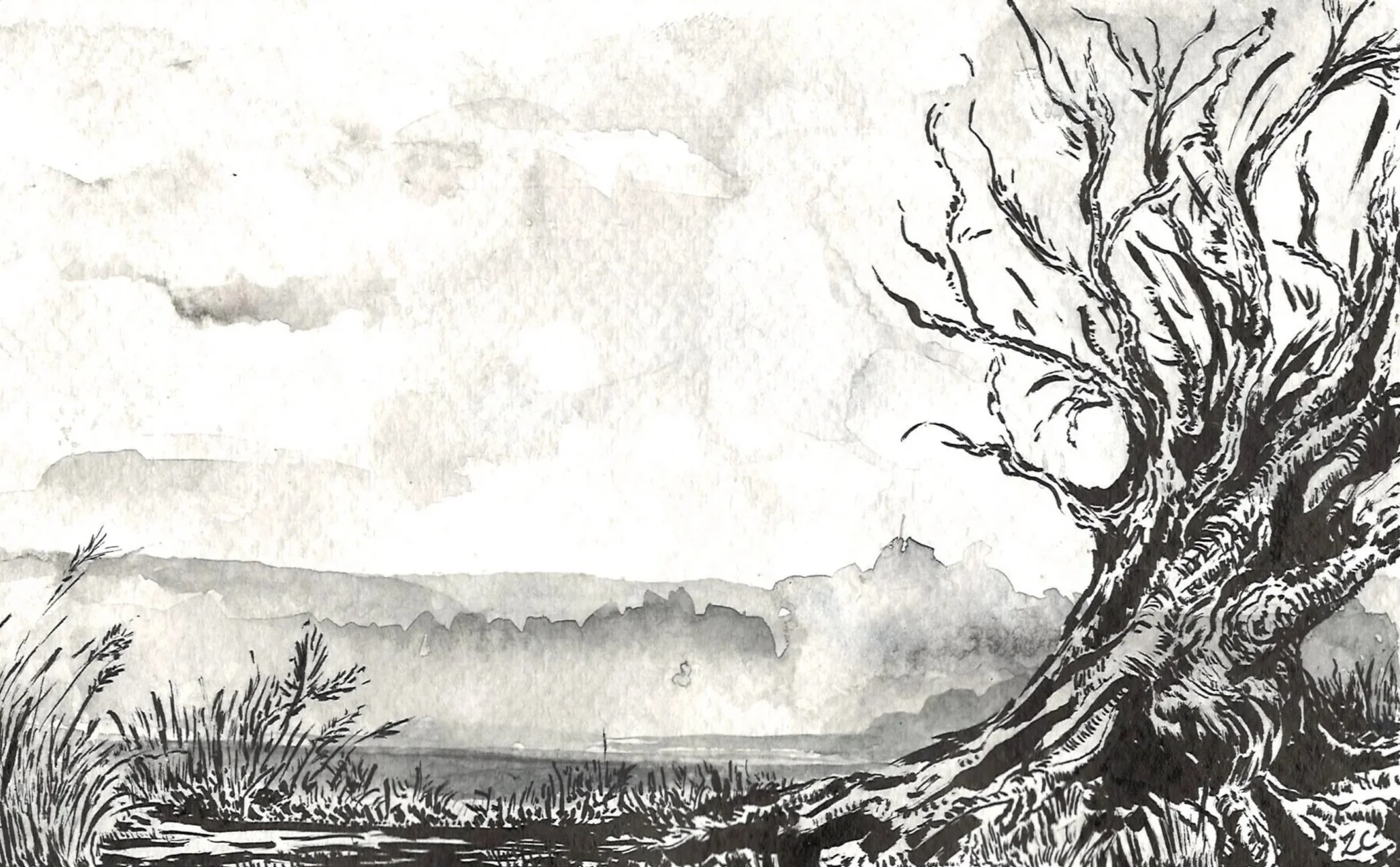 Black-and-white landscape featuring a gnarled, leafless tree on the right foreground with ink-washed cloudy hills stretching across the horizon.