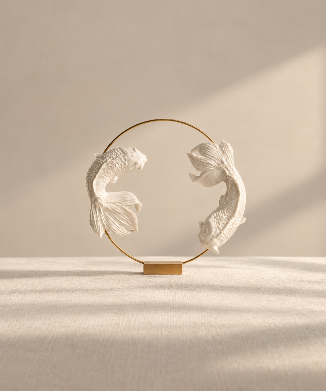 A sculptural art piece featuring two white, finely detailed koi fish swimming in a circular motion within a minimalist gold-toned metal hoop stand, displayed on a textured beige surface with soft shadows.