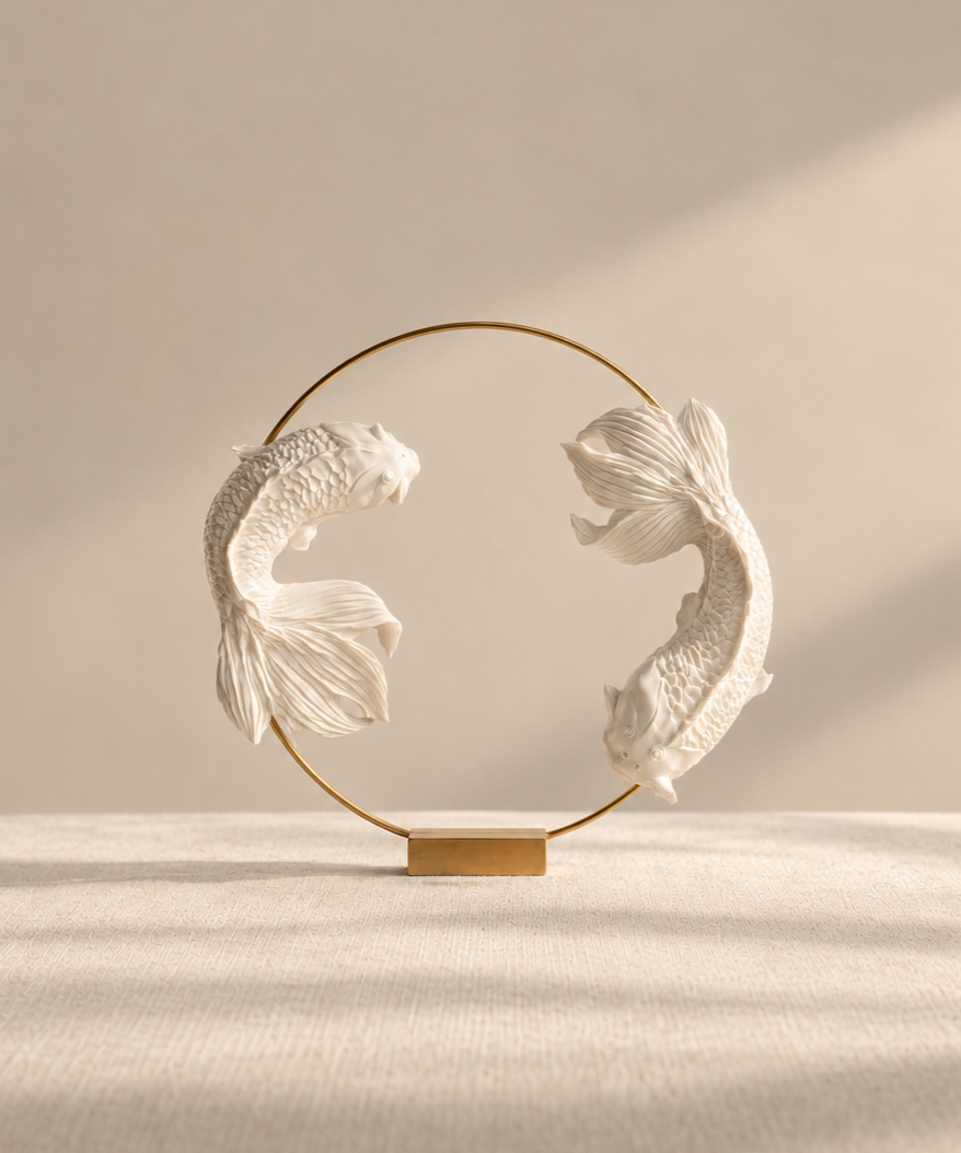 Two white koi fish sculptures facing each other within a circular gold frame, on a beige surface against a plain beige background.