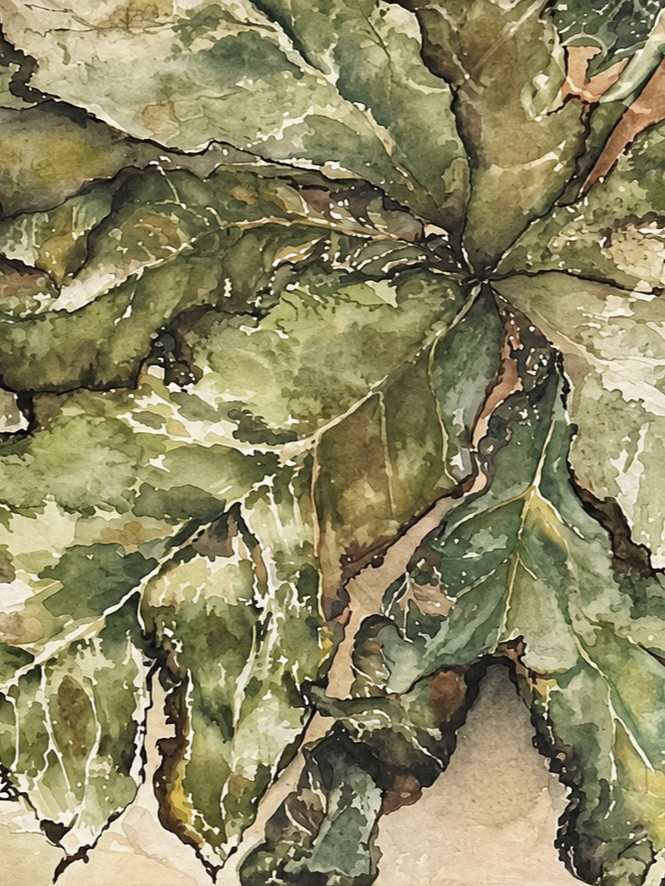 Watercolor painting of green and brown variegated leaves.