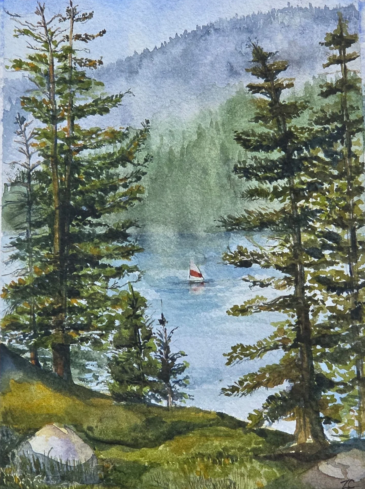 A watercolor painting of a serene landscape featuring tall pine trees near a lake with a boat and sail, surrounded by green hills and misty mountains in the background.