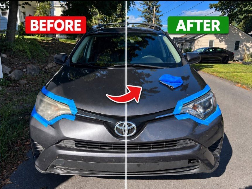 Comparison of a black Toyota car's front before and after cleaning, with masking tape around the headlights and a cloth on the hood.