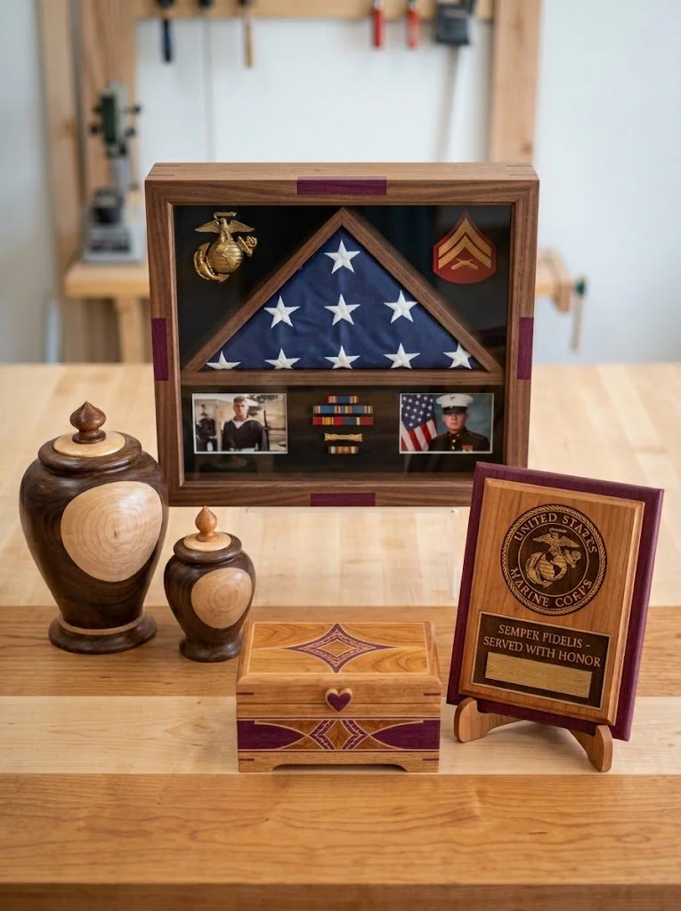 A shadow bo with a folded American flag, US Marine Corps insignia, and military memorabilia. Surrounding items include wooden urns, a decorative wooden box, and a plaque with the Marine Corps emblem and the motto 'Semper Fidelis - Served with Honor.'