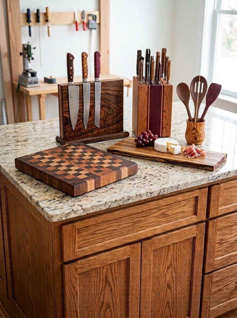Kitchen cabinet with wooden cutting boards, knives in a knife block, knives on a magnetic knife block, wooden utensils in a wooden cup for storage,  a charcuterie board.