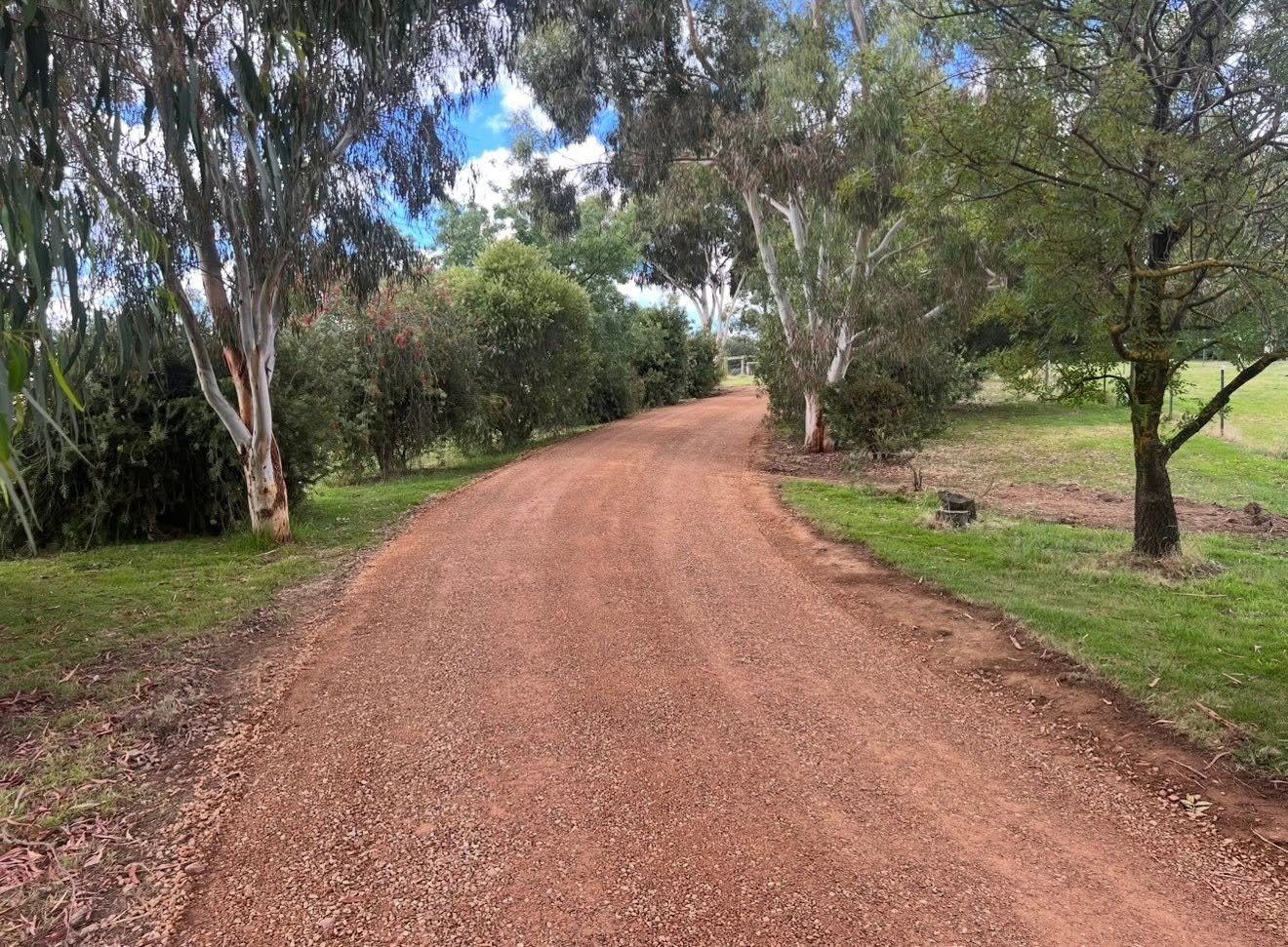 A dirt pathway winding through a park with trees and bushes on either side under a partly cloudy sky.