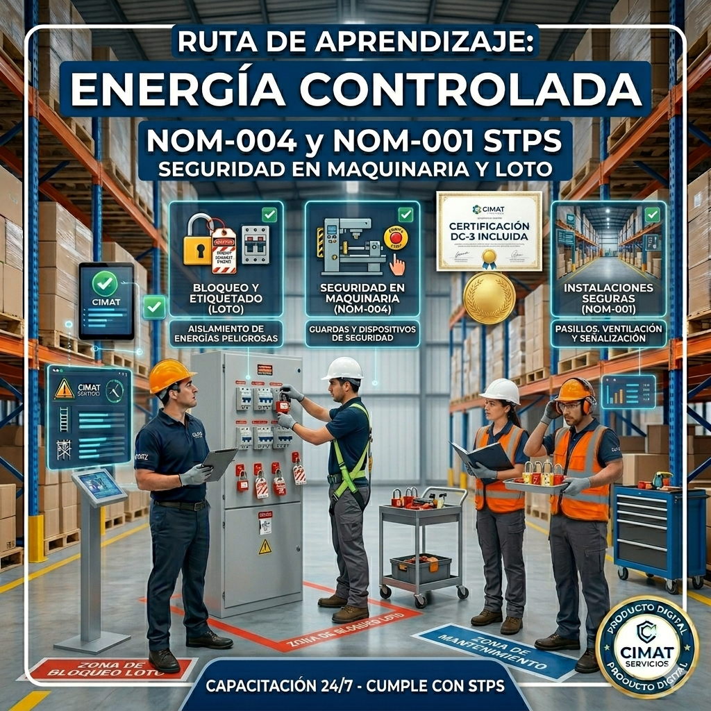 Instrucciones y normas de seguridad para energía controlada en un almacén, con empleados revisando equipos eléctricos y señalización de seguridad