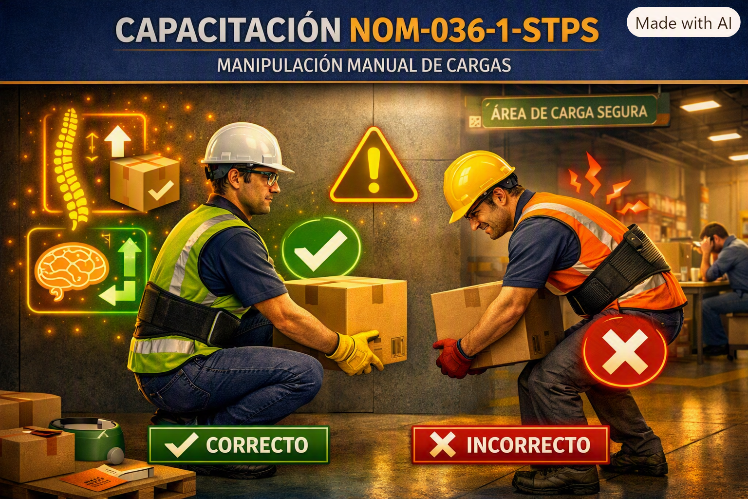 Imagen de un entrenamiento sobre manipulación manual de cargas, donde dos trabajadores están levantando una caja correctamente, con marcas de verificación y señal de advertencia, mostrando la postura adecuada y la incorrecta para evitar lesiones.