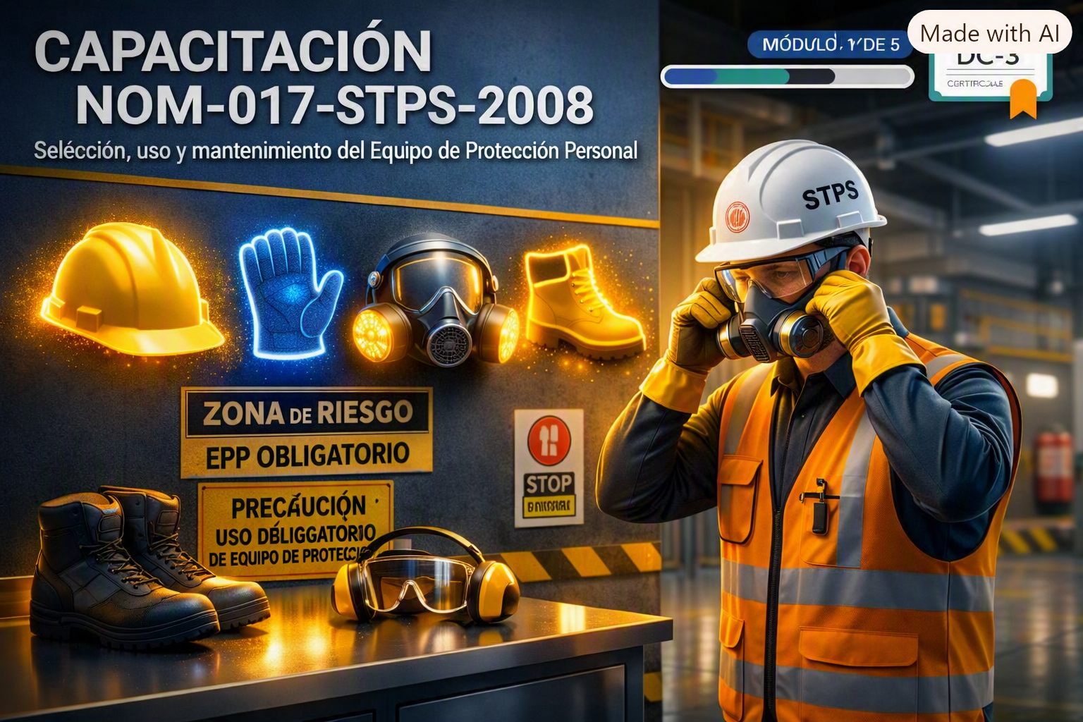 Hombre en uniforme de seguridad con casco, gafas protectoras y guantes ajustándose su máscara de protección en una fábrica, con señalización de seguridad en el fondo y equipo de protección personal como casco, guantes, máscara y botas sobre una mesa.