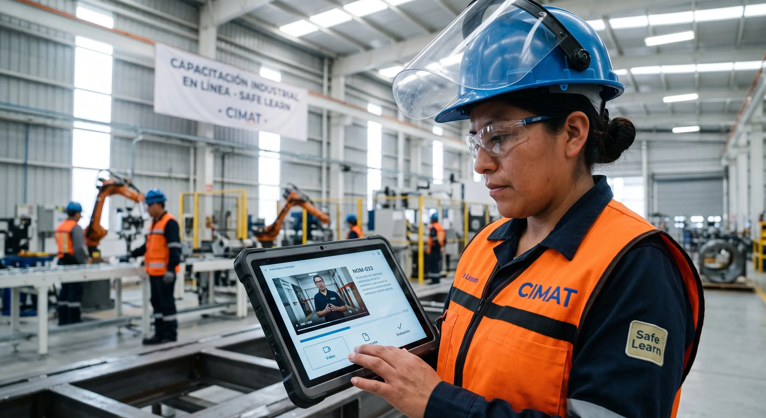 Mujer con casco y gafas de protección revisando un dispositivo electrónico en un entorno industrial con varias máquinas y otras personas de fondo, todas usando equipo de seguridad y uniforme naranja con detalles en azul.