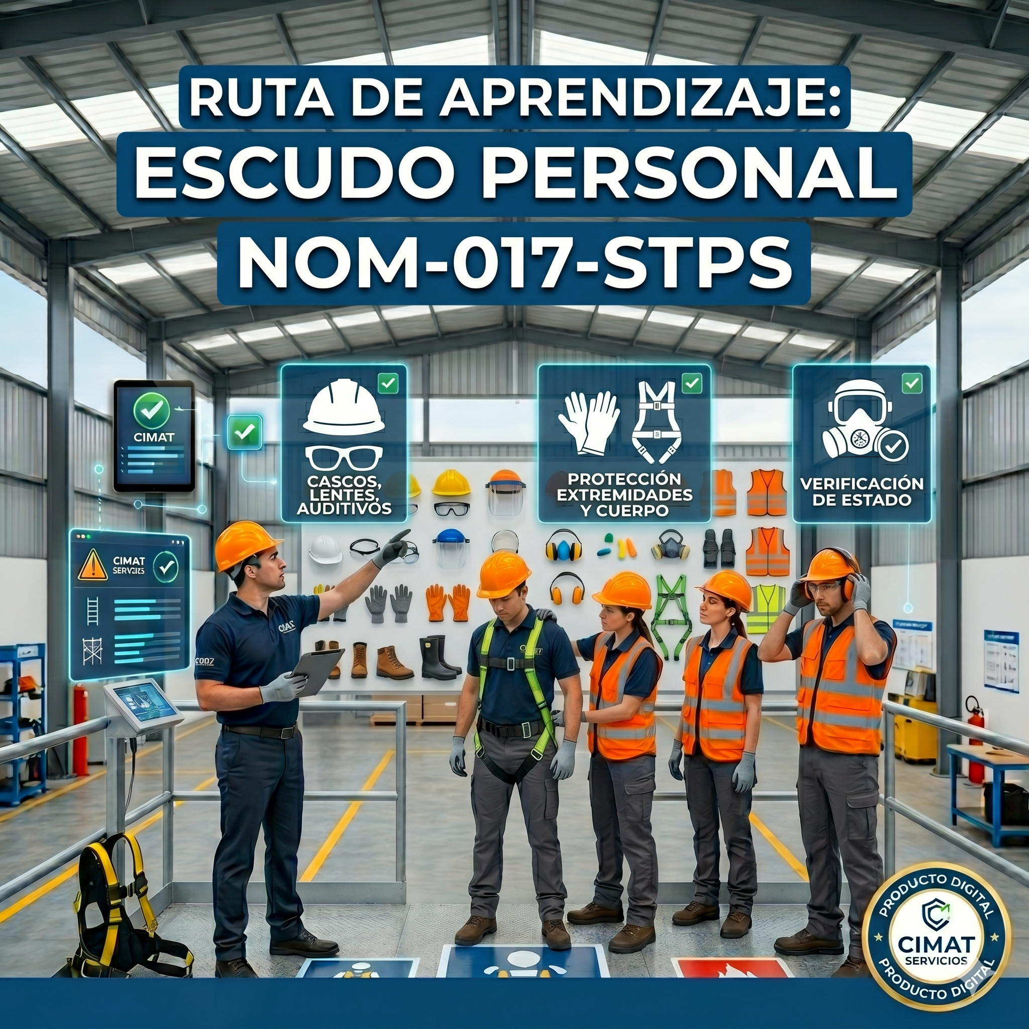 Personal de seguridad en un área de equipo de protección personal, incluyendo cascos, gafas, guantes, protectores auditivos y chalecos de seguridad. Logo de certificación de seguridad en la esquina inferior derecha.