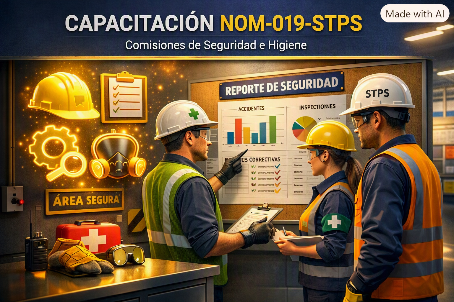 Tres trabajadores de seguridad y salud en una cubierta, revisando un informe de seguridad en un tablero. En el fondo, íconos de equipo de protección y señalización de área segura.