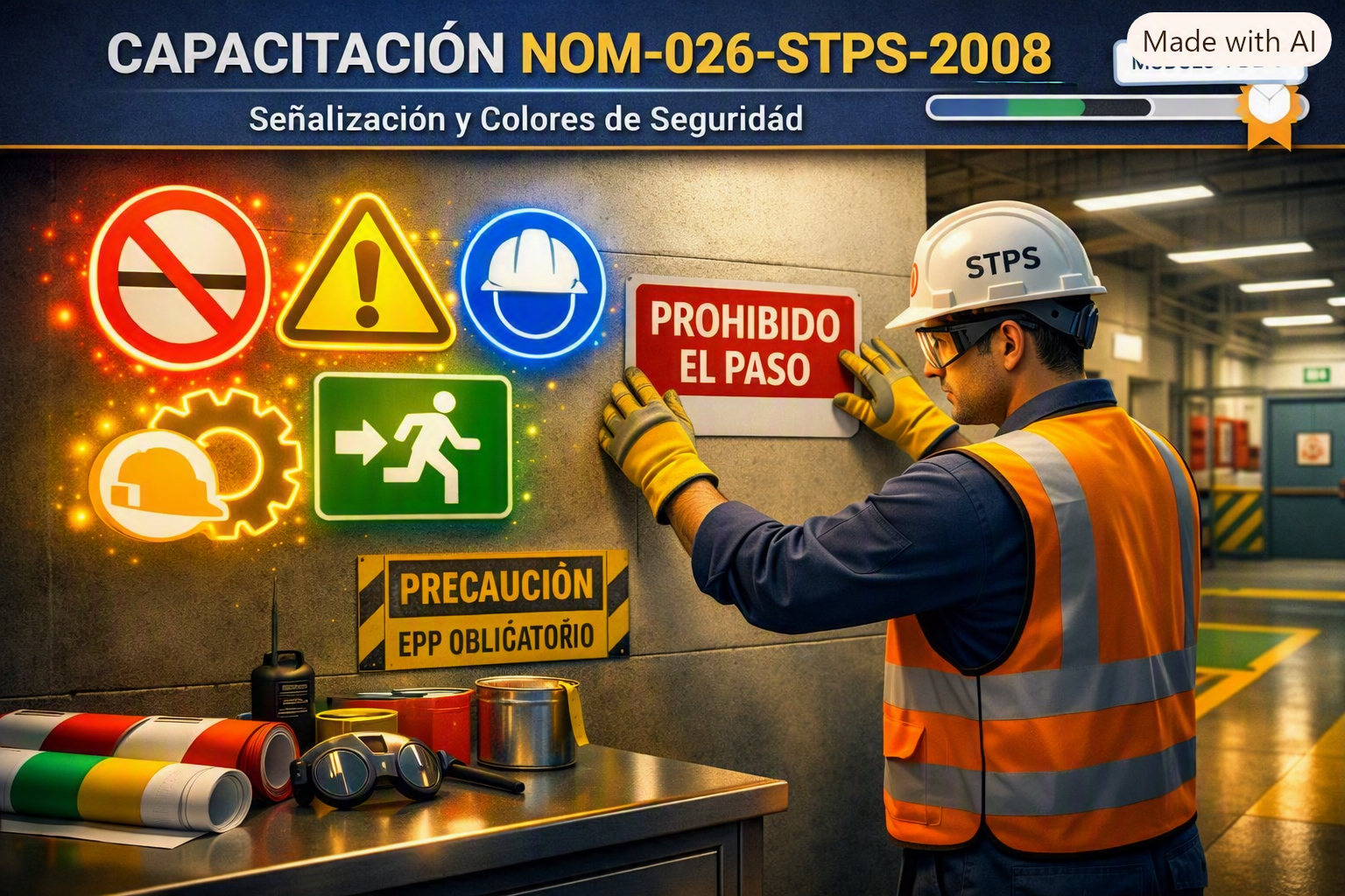 Un trabajador en equipo de protección colocando un cartel que dice 'Prohibido el paso' en un área industrial, con señales de seguridad y señalizaciones en la pared, y herramientas y materiales de señalización en una mesa.