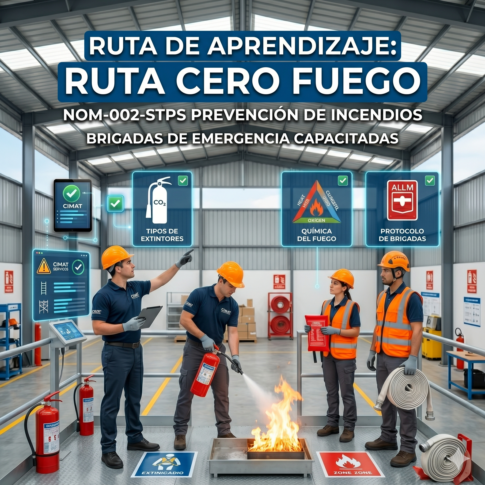 Personas con cascos y uniformes de trabajo extintores en un área de capacitación en seguridad contra incendios, practicando uso de extintores frente a un fuego controlado en un espacio industrial con señalización de procedimientos y zonas de riesgo.