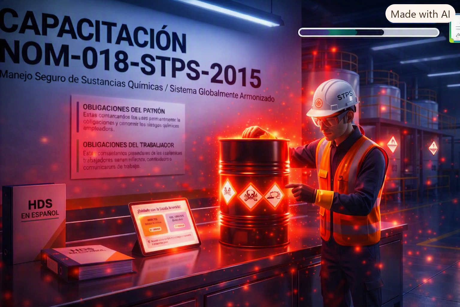 Un trabajador con casco y gafas de protección en una planta industrial al lado de un tambor con símbolos de sustancias peligrosas, en un entorno de entrenamiento sobre manejo seguro de sustancias químicas.
