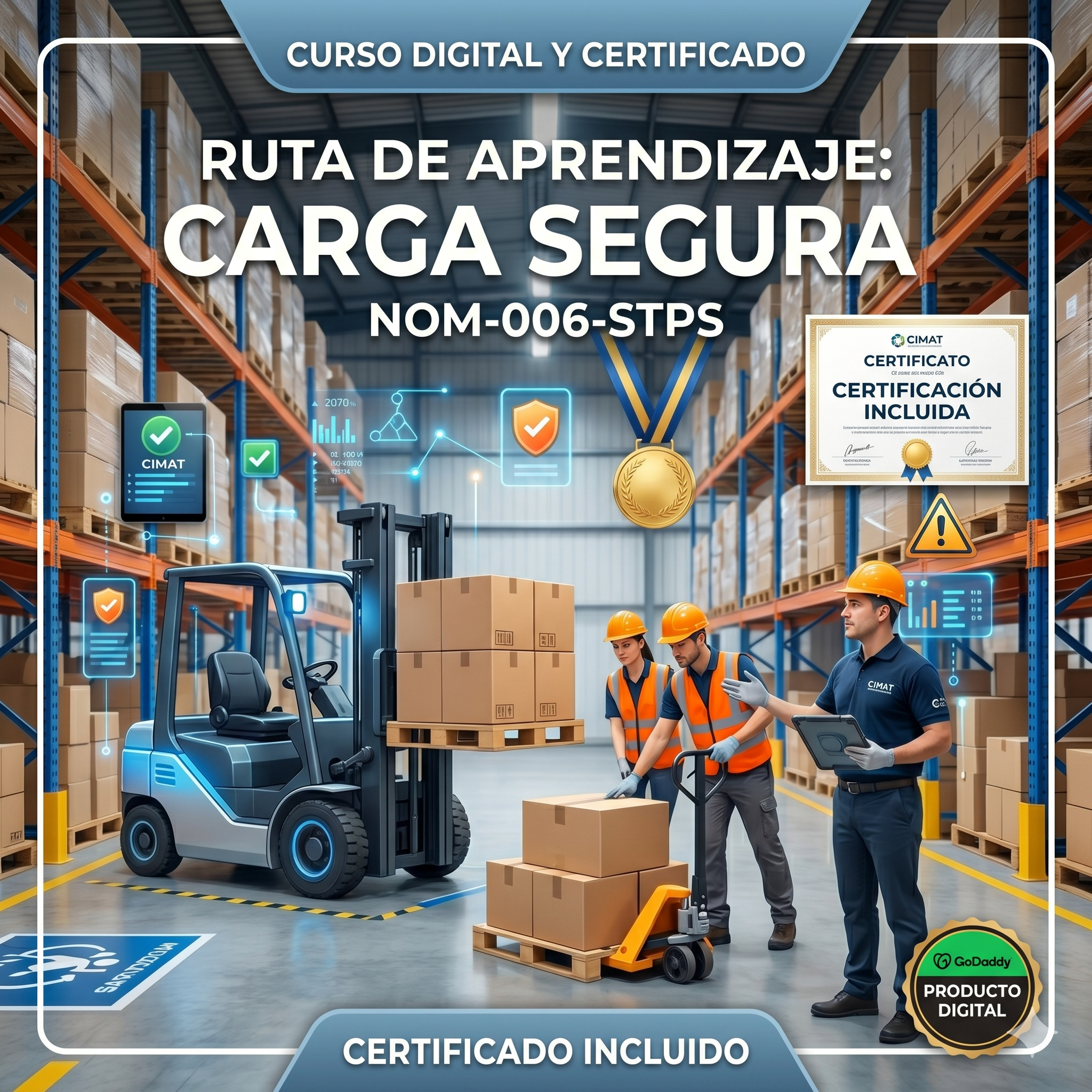 Imagen de un almacén con estanterías llenas de cajas y un forklift cargando una caja en una paleta. Tres empleados con casco y chaleco reflectante están supervisando la operación. En la parte superior, un cartel digital dice 'Curso digital y certificado. Ruta de aprendizaje: carga segura. Certificado incluido'.