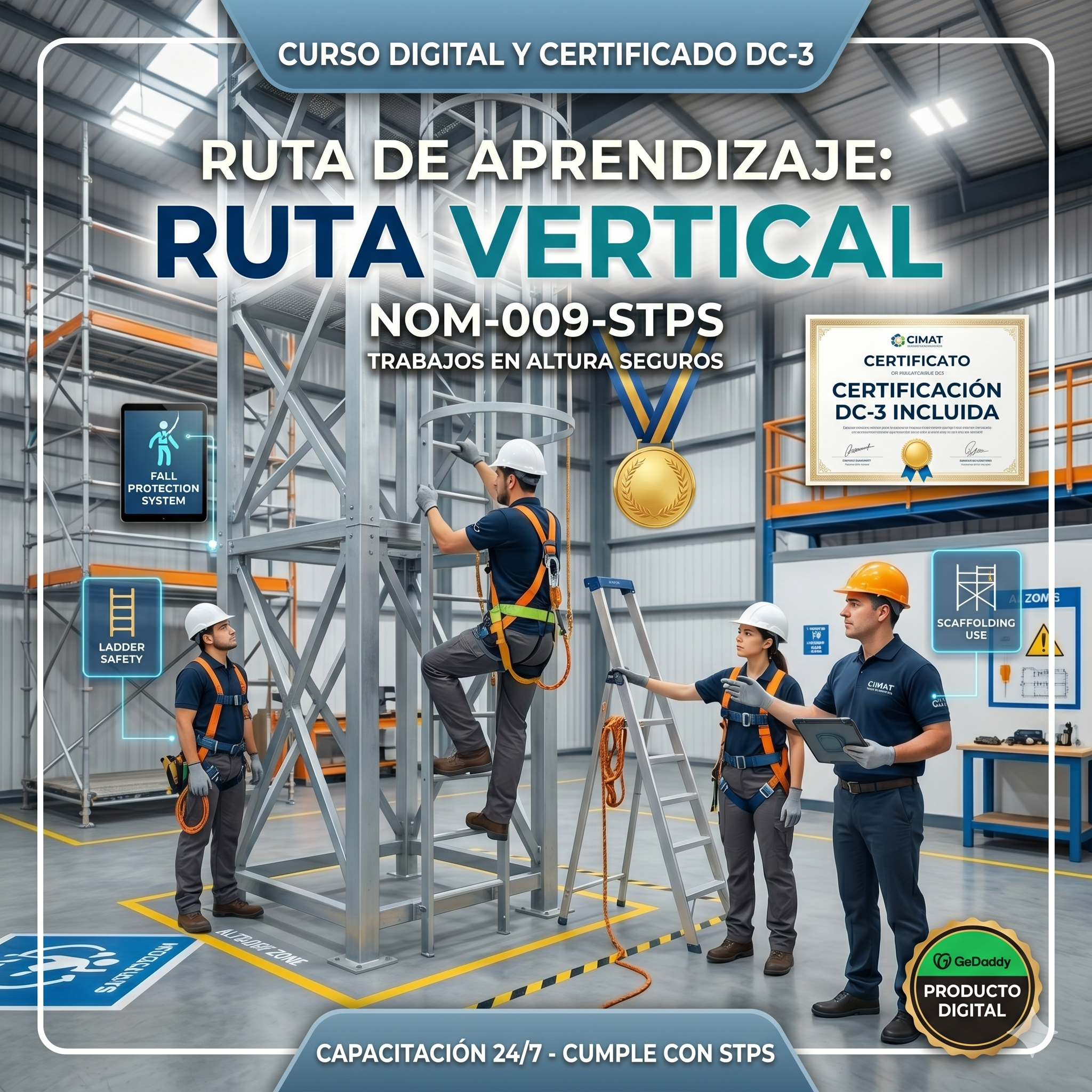 Publicidad de un curso digital y certificado DC-3 sobre rutas verticales en alturas seguras. La imagen muestra un interior de un almacén con estructura metálica, donde varios trabajadores con casco y equipo de seguridad están inspeccionando la estructura. Hay pantallas digitales y señalizaciones en el suelo y en la estructura, destacando la protección contra caídas y el uso de andamios. En la esquina inferior derecha, hay un certificado y medallas de reconocimiento. La publicidad resalta la capacitación continua y certificación oficial.