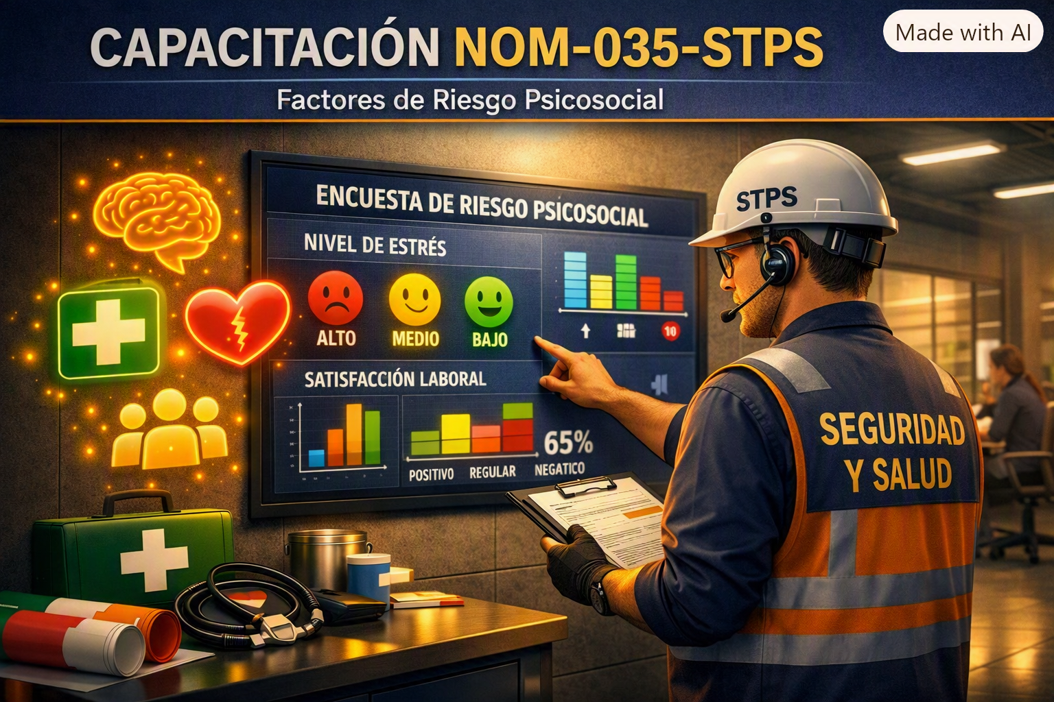 Un trabajador de seguridad y salud en un entorno laboral revisando una pantalla con información sobre factores de riesgo psicosocial, incluyendo niveles de estrés y satisfacción laboral, en un ambiente de oficina.