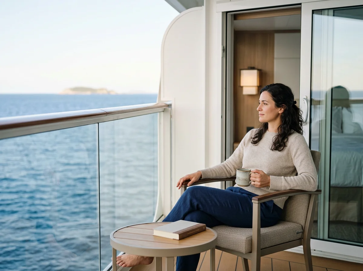 Woman relaxing with a mug on a balcony of a cruise ship, overlooking the ocean.