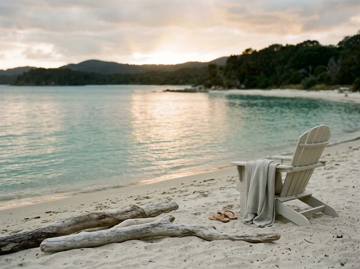 Empty white beach chair with a towel draped over its side, a pair of flip-flops, and driftwood on sandy beach at sunset with calm ocean and wooded hills in background.