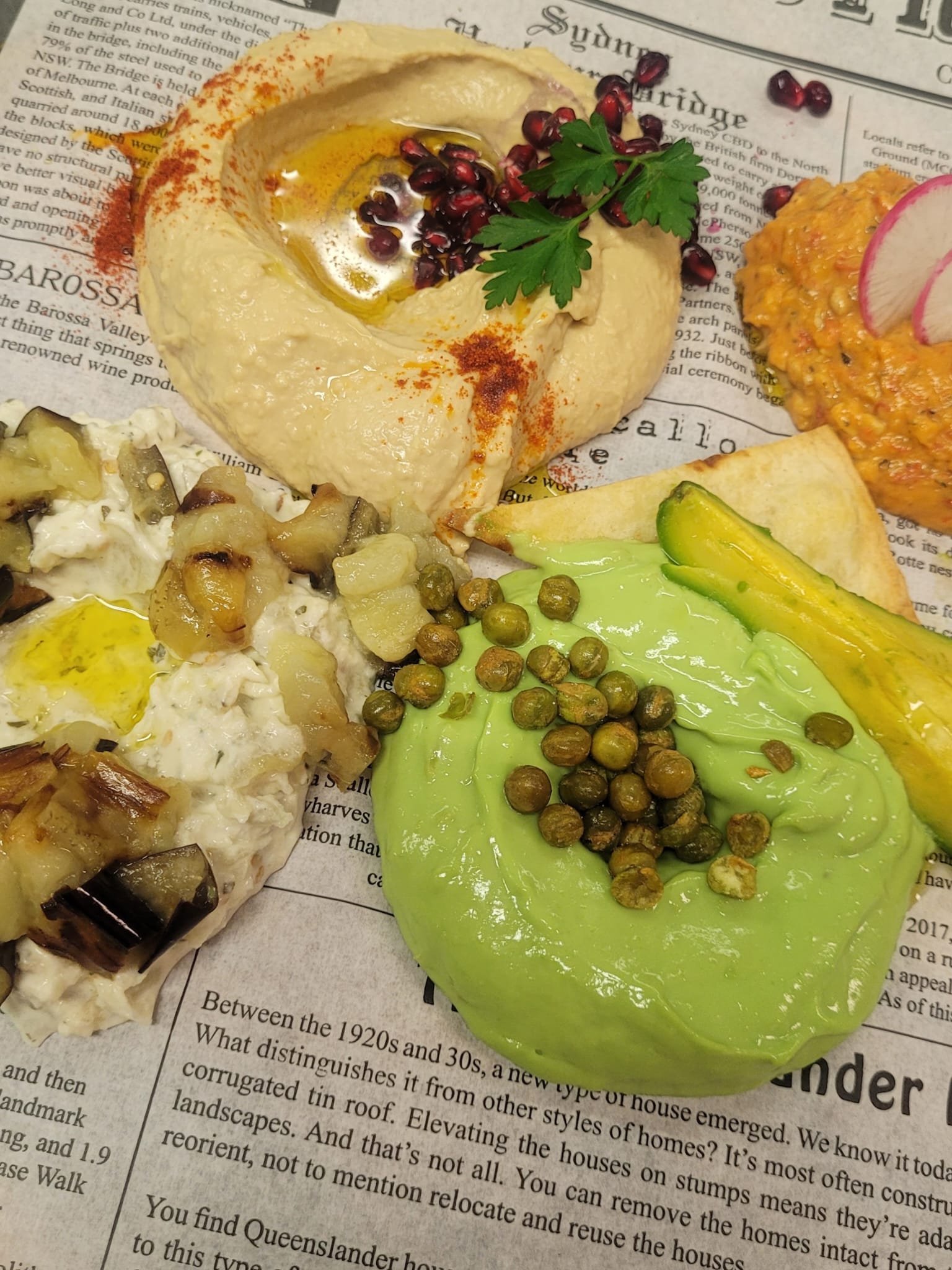A close-up of an assortment of appetizers on a piece of newspaper. The center features a creamy dish garnished with pomegranate seeds and a sprig of parsley, surrounded by eggplant spread, cucumber slices, and other vegetable spreads.