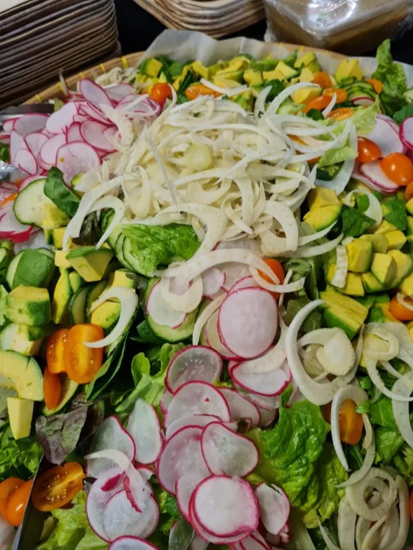 A fresh vegetable salad with sliced radishes, avocado chunks, cherry tomatoes, sliced onions, cucumbers, and lettuce.