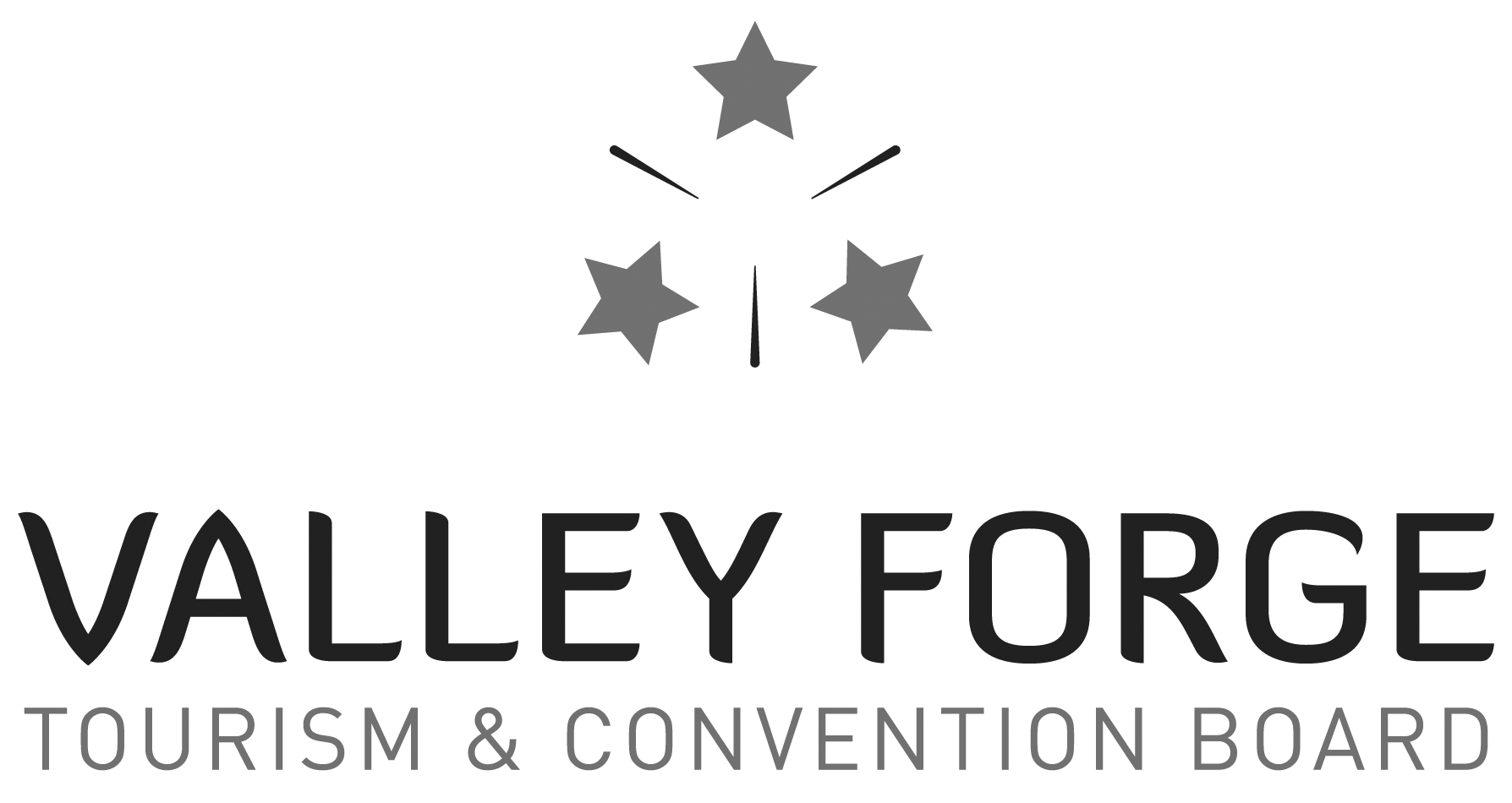 Logo for Valley Forge Tourism and Convention Board featuring three stars above the text.