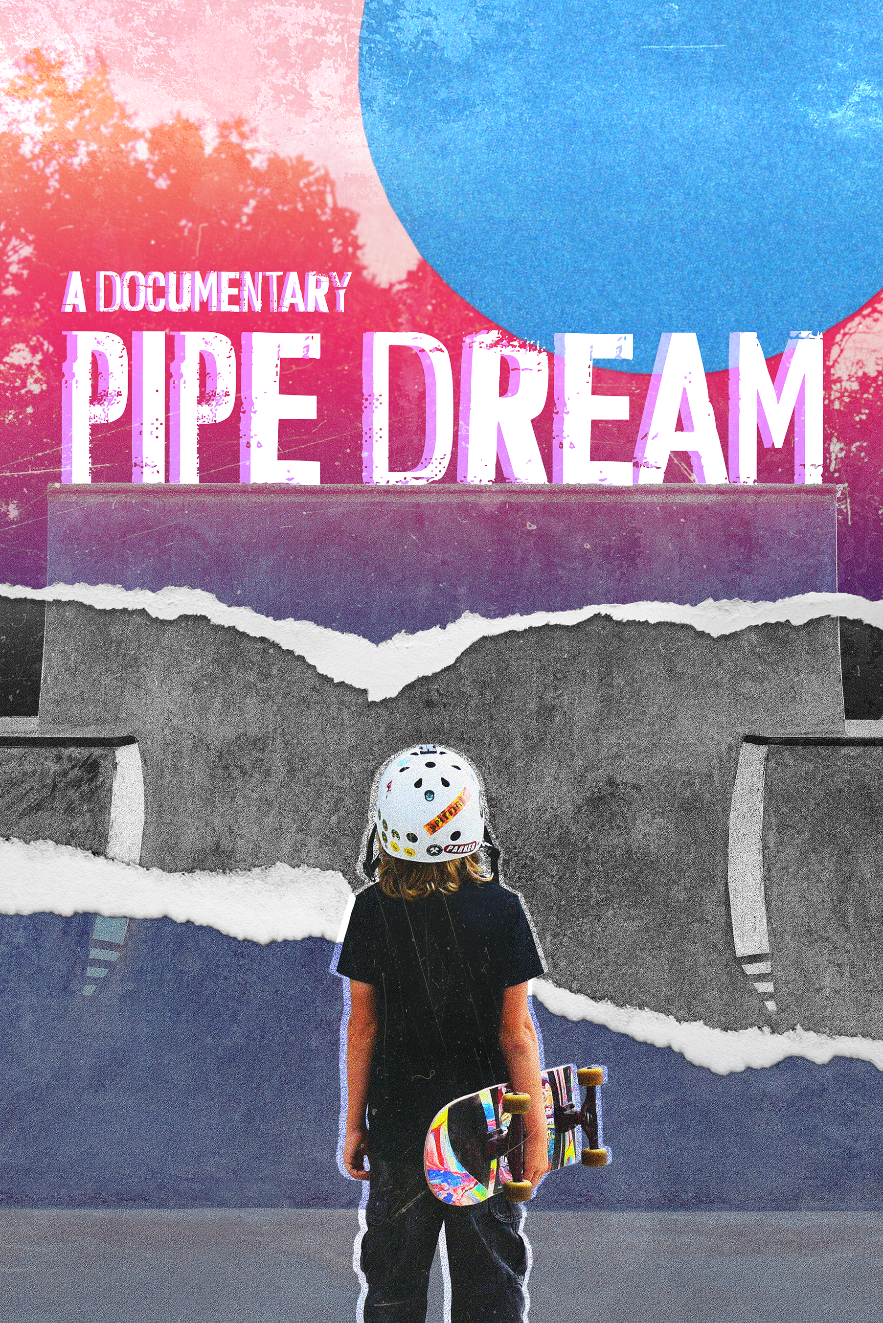 A person wearing a helmet holding a skateboard, standing in front of a colorful, textured background with oversized text that reads 'A DOCUMENTARY PIPE DREAM'.